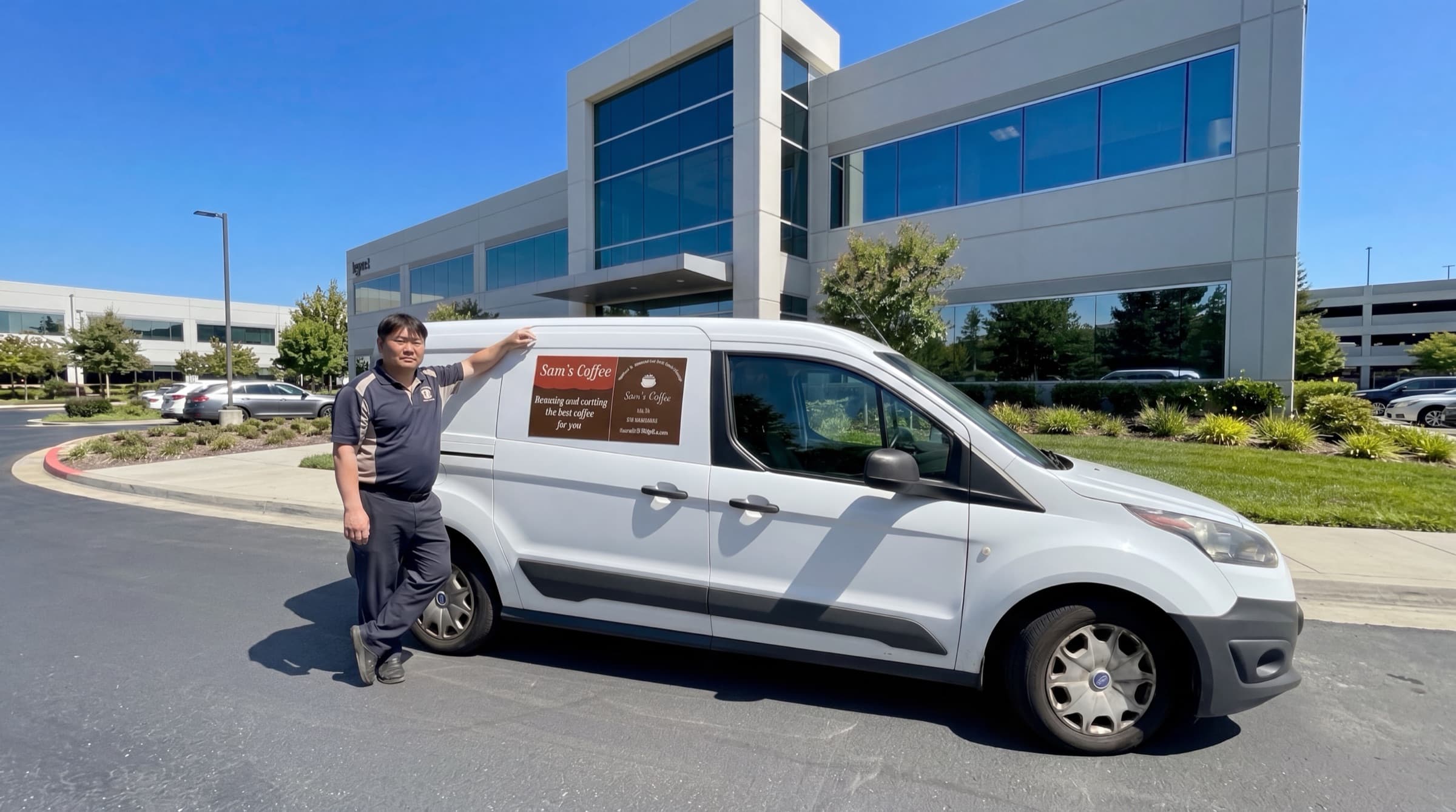 Van Ho standing beside his Sam's Coffee Roasters delivery van, pointing at the door branding.